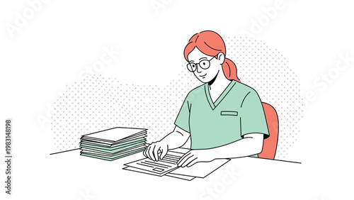 Doctor Working at Desk with Stack of Papers and Files, Medical Administration