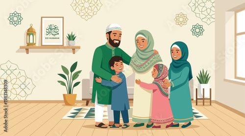 A heartwarming flat design illustration depicting a diverse Muslim family celebrating Eid al-Adha, exchanging greetings in a modern, minimalist home.