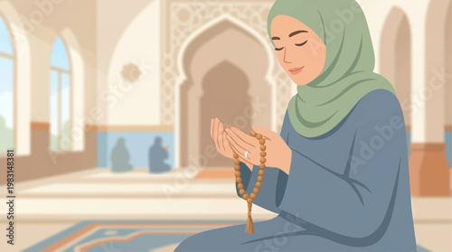 A serene flat design illustration of a Muslim woman holding prayer beads, embodying devotion and spiritual reflection during Eid al-Adha. This vector artwork conveys peace and faith.