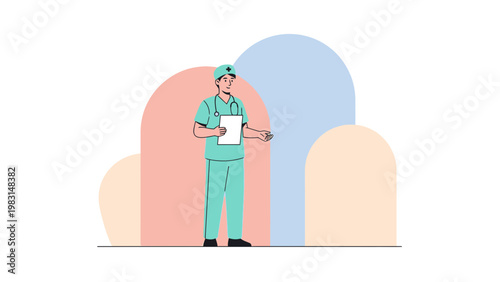 Doctor wearing scrubs holding a clipboard, standing against abstract pastel shapes