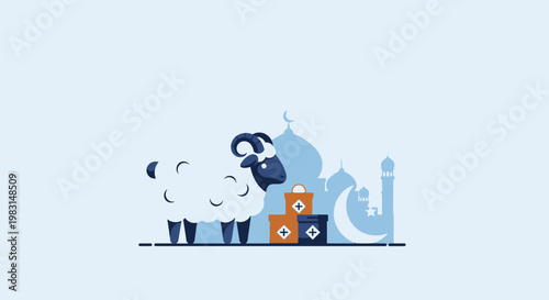 This flat design vector illustration symbolically represents the Qurbani sacrifice and the act of giving charity during Eid al-Adha. 