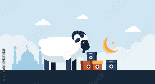 This flat design vector illustration symbolically represents the Qurbani sacrifice and the act of giving charity during Eid al-Adha. 