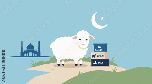This flat design vector illustration symbolically represents the Qurbani sacrifice and the act of giving charity during Eid al-Adha. 