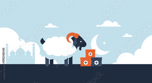 This flat design vector illustration symbolically represents the Qurbani sacrifice and the act of giving charity during Eid al-Adha. 