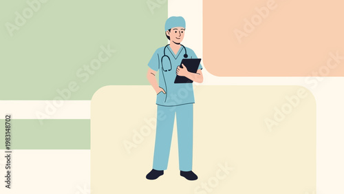 Doctor with Stethoscope and Clipboard, Medical Professional in Scrubs, Healthcare Concept