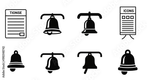 Black bell icons, bell symbol set, notification icons, alert signs, 7 elements