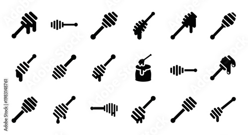 Black honeycomb icons set, bee hive symbols, honey pot graphics, vector illustrations