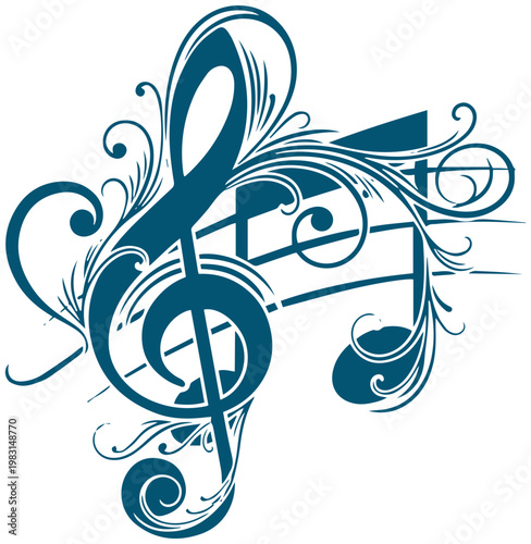 Elegant blue musical treble clef decorated with ornate swirling filigree patterns on a crisp white isolated background