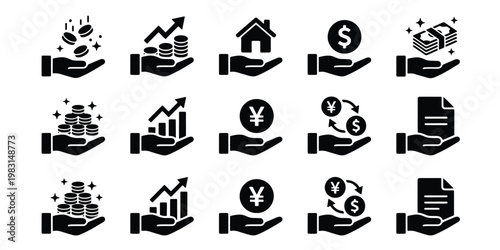 Black business icon set of 15 finance symbols, hand holding money and investment growth icons, banking and currency exchange vector elements