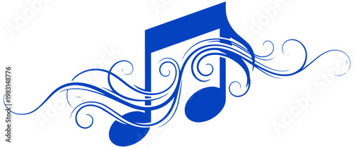 Vibrant blue music note decorated with elegant swirling flourishes representing a creative and artistic musical design concept