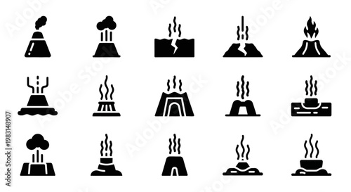 Volcano icons, volcanic eruption symbols, black silhouette set, 16 steam lava graphics