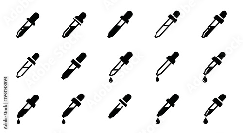 Black dropper icons, pipette symbols, laboratory tools, 16 dropper illustrations, vector set