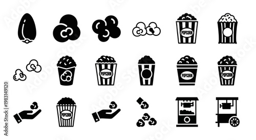 Cinema icons, movie symbols, popcorn bucket illustrations, film elements, black vector graphics