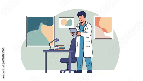 Doctor With Tablet In Office, Medical Consultation, Modern Healthcare Illustration