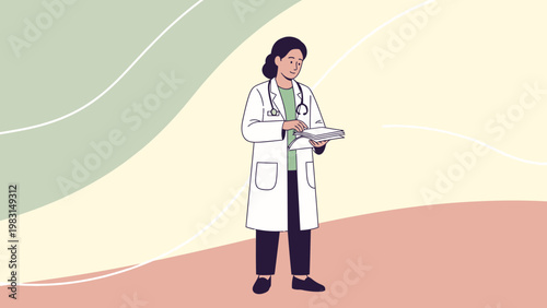 Doctor woman in lab coat with stethoscope holding medical chart, flat design illustration