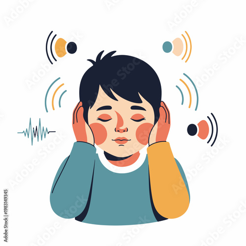 Child Listening to Wireless Headphones with Sound Waves.