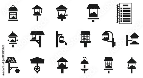 20 Black and White Bird Feeder Icons, Vector Birdhouse Symbols, Wildlife Garden Illustrations, Outdoor Decor Clipart