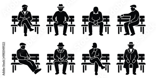 Black silhouette people sitting on park benches, collection of 8 male figures in various poses, urban street furniture vector icons for architectural site plans