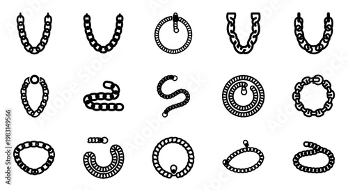 Chain, necklace, jewelry, icon set, 16 chain link designs, black and white vector graphics, scalable symbols, minimalist style, fashion accessories