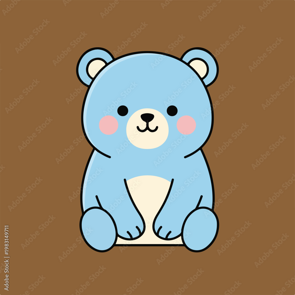 Obraz premium A charming light blue cartoon teddy bear with rosy pink cheeks and a cream belly sits calmly against a solid brown background.
