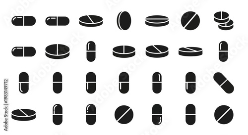 Black and white pill icons, medication symbols, capsule graphics, 25 pill shapes