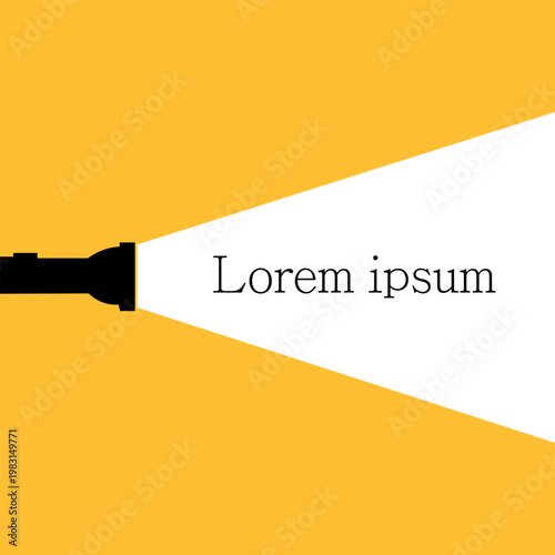 Flashlight silhouette on the yellow background. Find or search design concept. Applicable as banner, announcement, message design. Flat vector illustration.