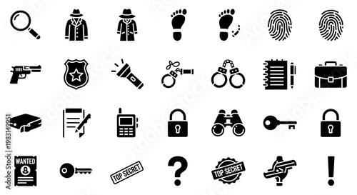 Crime, investigation, law enforcement icons, 25 black vector symbols, security, detective, crime scene, forensic
