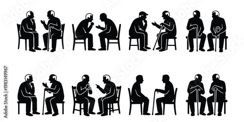 Elderly men silhouettes sitting and talking, senior citizens conversation icons set, 8 pairs of retired people communicating on chairs, vector illustration