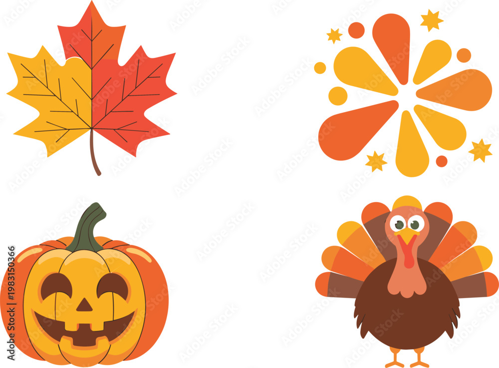 Obraz premium Autumn season icon set featuring maple leaf jack o lantern pumpkin turkey and fall burst for thanksgiving and halloween celebration vector illustration isolated on white background.