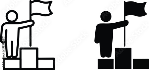 Clean vector illustration of achievement icons featuring stick figure climbing podium and celebrating success in dual minimalist design variations