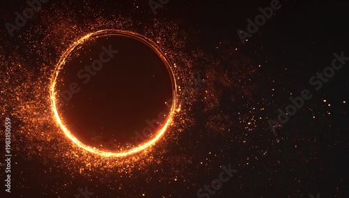Glowing ring of fire and particles on a dark background