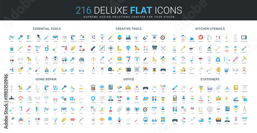 Flat icon collection featuring essential tools, creative supplies, kitchen utensils, home repair, office, and stationery objects for diverse organizational needs isolated vector illustration
