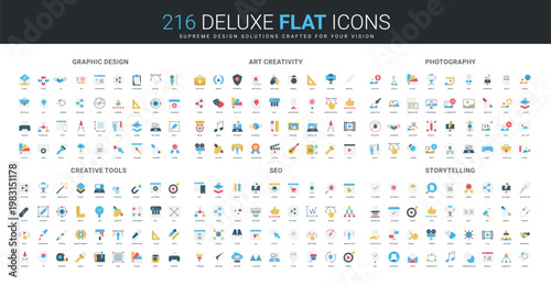 Comprehensive flat icon collection covering graphic design, art creativity, photography, creative tools, SEO, storytelling concepts, ideal for digital and print projects isolated vector illustration