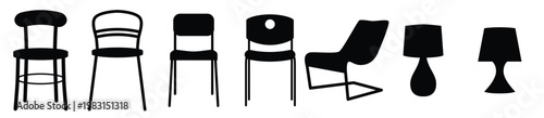 Chair silhouettes collection, folding chair armchair recliner and lounge seating furniture icons isolated set. Modern silhouette in section view, including various chairs, vector illustration.
