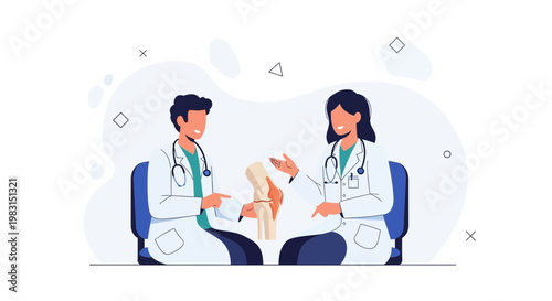 Doctors Discussing Knee Joint Anatomy, Medical Consultation Illustration