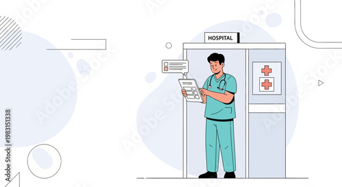 Doctor with Clipboard in Hospital Entrance, Medical Professionalism and Healthcare Concept