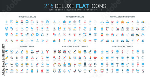 Comprehensive flat icon set featuring industrial gears, processing gears, manufacturing, military technology, car service maintenance, and diverse power socket types isolated vector illustration