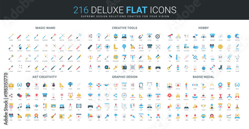 Flat icon collection featuring magic wands, creative tools, hobbies, art, graphic design, and badge medals, ideal for diverse creative and professional projects isolated vector illustration