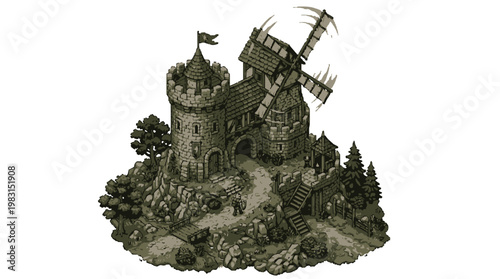 Vector pixel art windmill with medieval stone castle tower