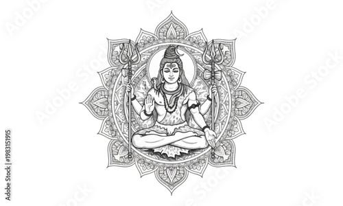 Lord Shiva Line Art Illustration with Mandala Background