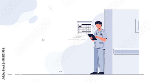 Doctor with Tablet in Hospital Hallway, Medical Record Screen