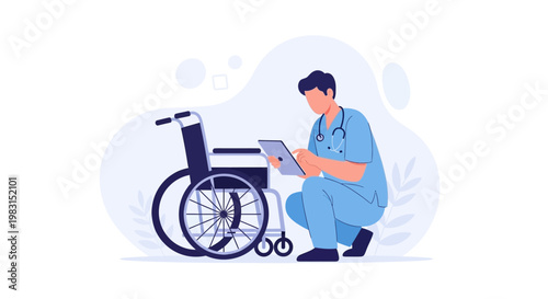 Doctor with wheelchair and tablet, healthcare concept illustration