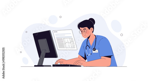 Doctor working on computer with medical chart on screen, healthcare technology concept