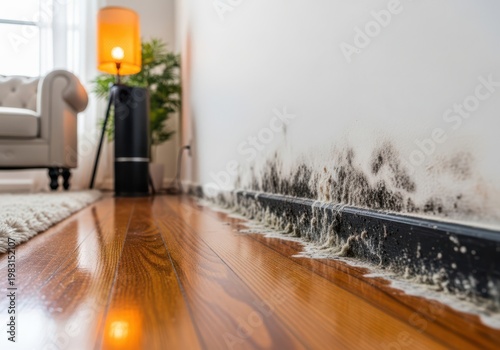 A room with mold growing on the baseboard of a white wall near a wooden floor