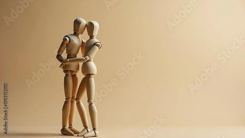 Wooden mannequins hugging each other