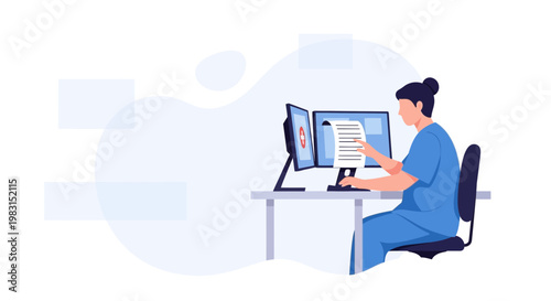 Doctor working on computer with medical records, modern healthcare technology concept