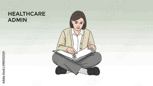 Healthcare Admin Woman Sitting Cross-legged Reading Binder
