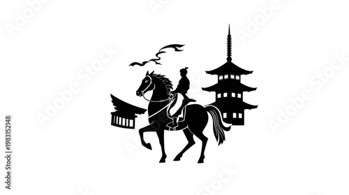 Elegant Japanese Warrior Riding Horse Outline Next to Ancient Pagoda Temple Artwork