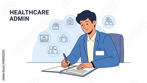 Healthcare Admin Working at Desk with Icons of Medical Services and People