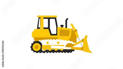 Yellow bulldozer vector icon illustration featuring a flat design crawler tractor for construction site projects. Minimalist heavy machinery equipment for earthmoving, building, and engineering.